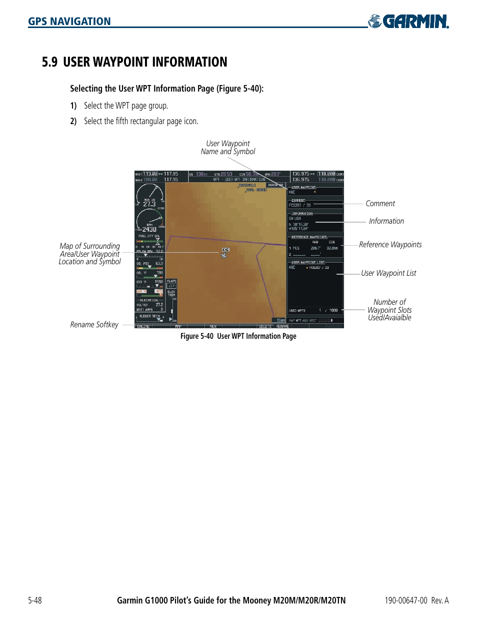 9 user waypoint information, 9 user waypoint information -48, Gps navigation | Garmin G1000 Mooney M20TN User Manual | Page 166 / 380