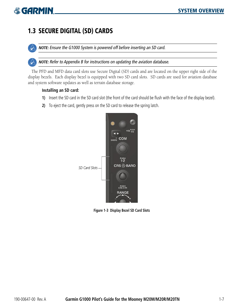 3 secure digital (sd) cards, 3 secure digital (sd) cards -7 | Garmin G1000 Mooney M20TN User Manual | Page 17 / 380