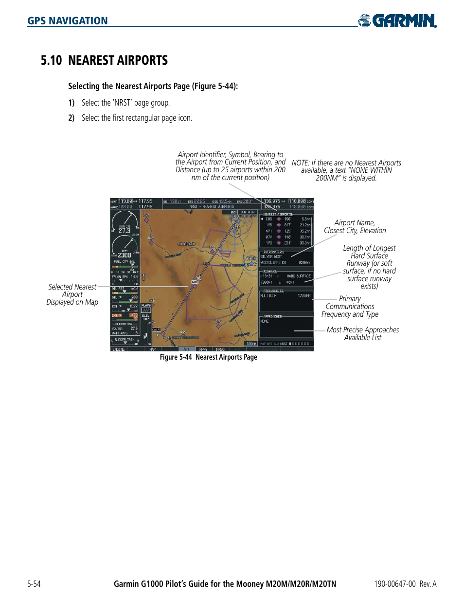 10 nearest airports, 10 nearest airports -54, Gps navigation | Garmin G1000 Mooney M20TN User Manual | Page 172 / 380