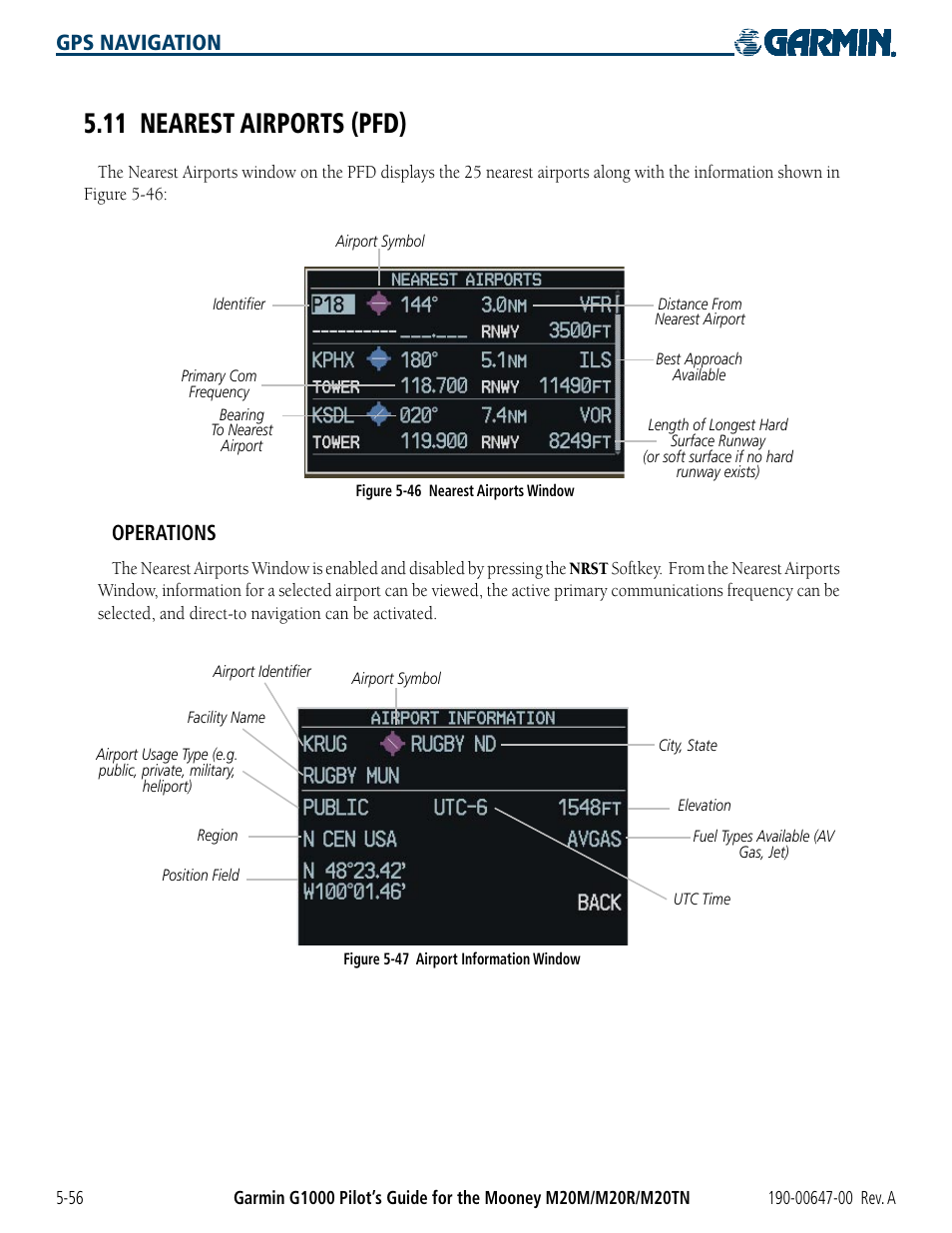 11 nearest airports (pfd), 11 nearest airports (pfd) -56, Gps navigation | Operations | Garmin G1000 Mooney M20TN User Manual | Page 174 / 380