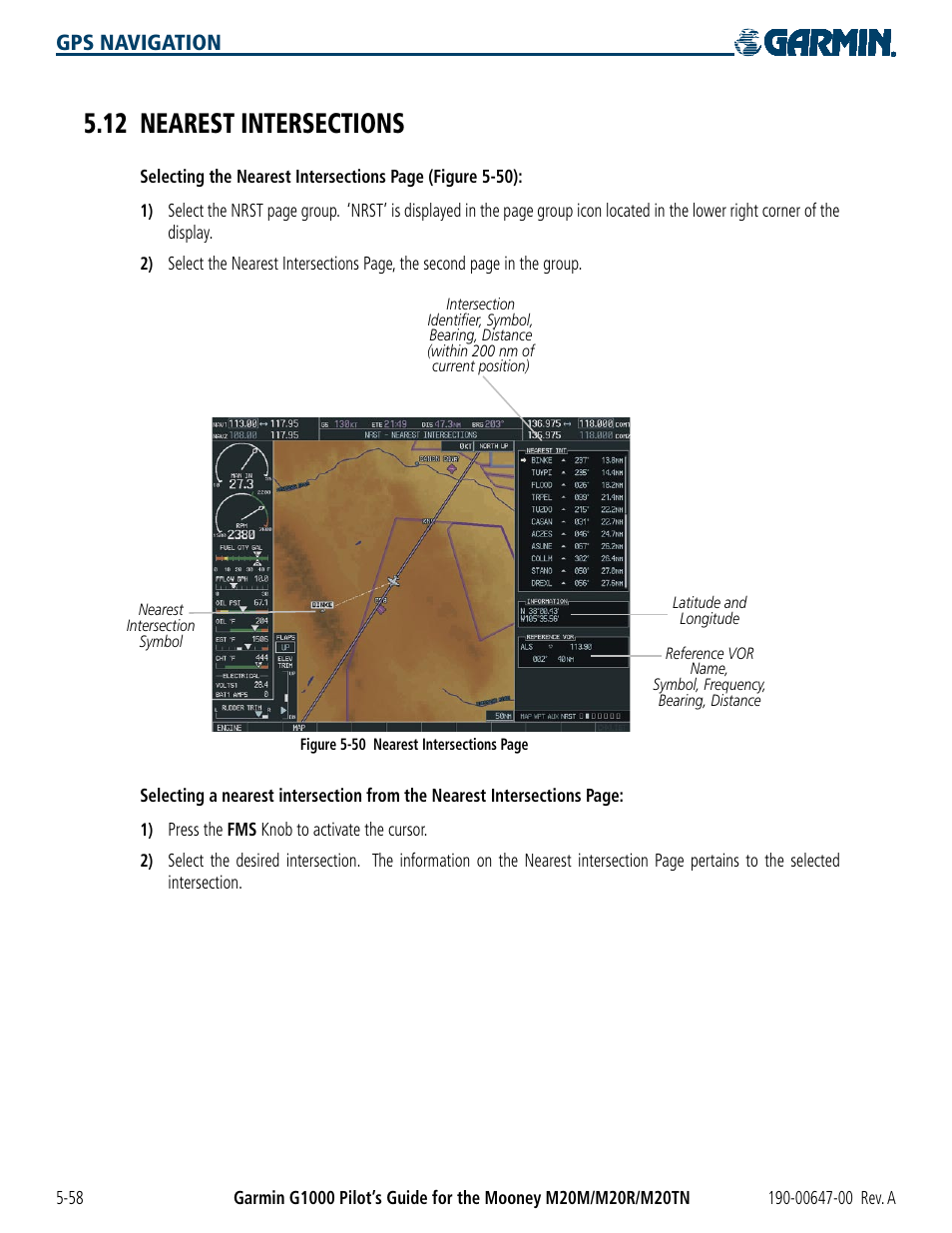 12 nearest intersections, 12 nearest intersections -58, Gps navigation | Garmin G1000 Mooney M20TN User Manual | Page 176 / 380