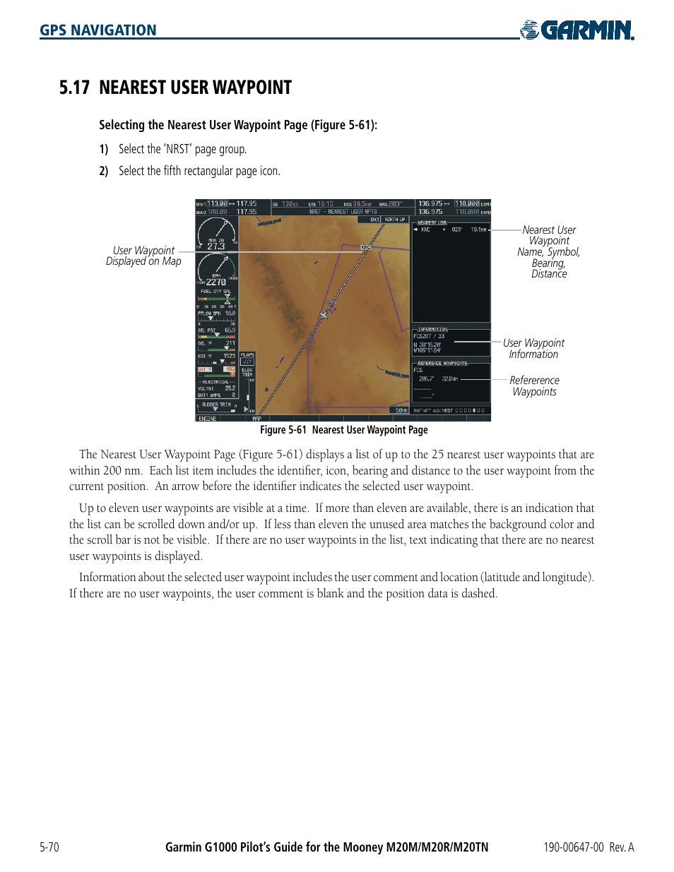 17 nearest user waypoint, 17 nearest user waypoint -70, Gps navigation | Garmin G1000 Mooney M20TN User Manual | Page 188 / 380