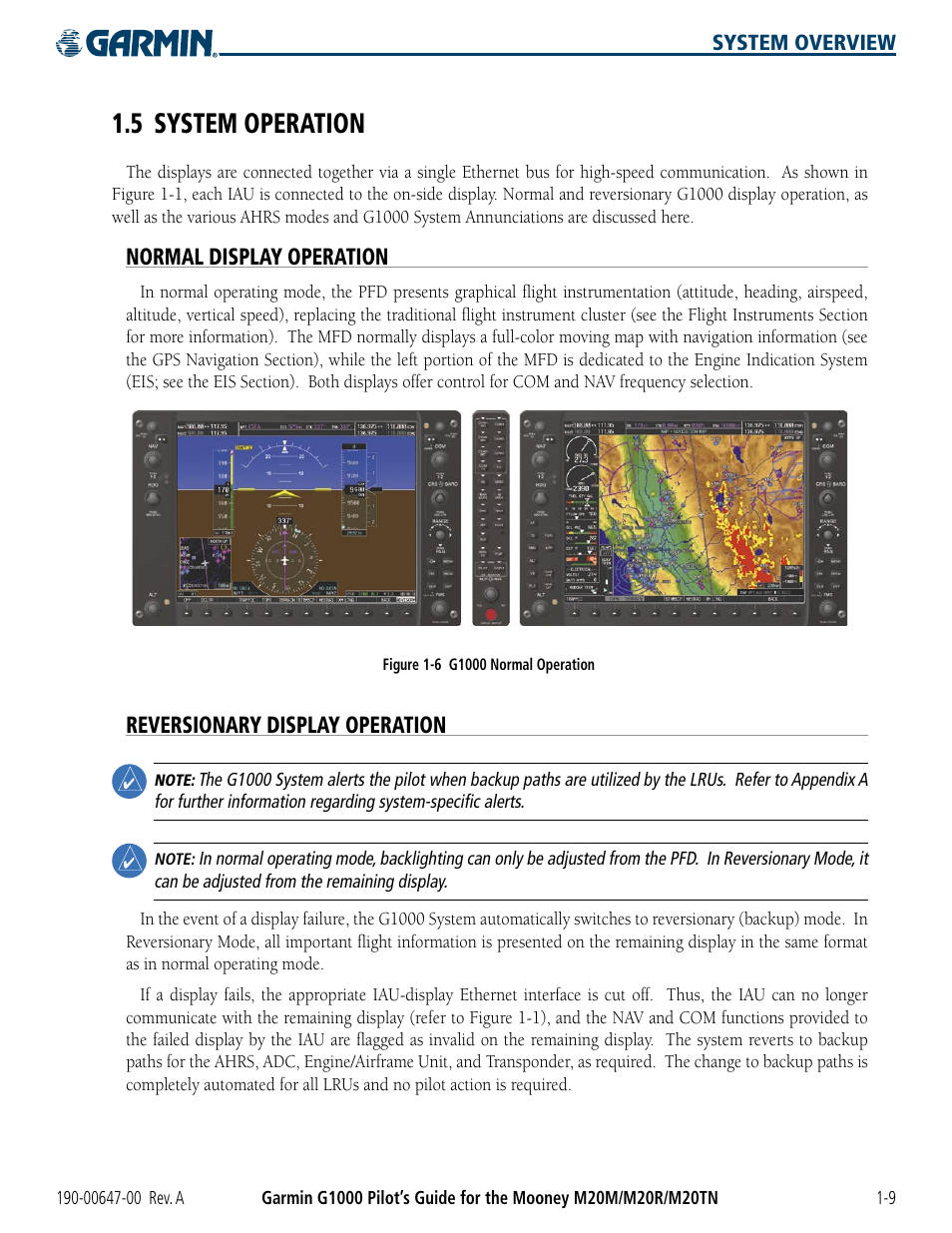 5 system operation, Normal display operation, Reversionary display operation | 5 system operation -9 | Garmin G1000 Mooney M20TN User Manual | Page 19 / 380