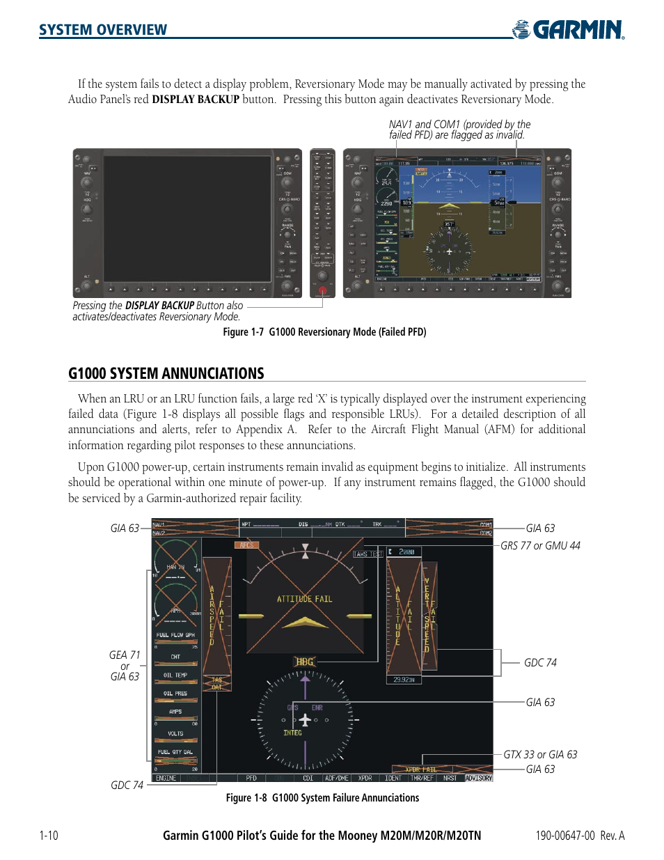 G1000 system annunciations, System overview | Garmin G1000 Mooney M20TN User Manual | Page 20 / 380