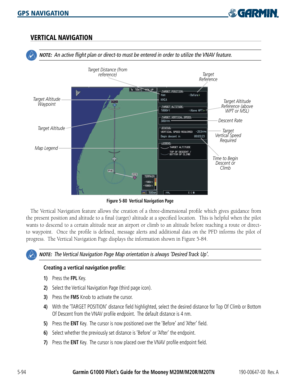 Vertical navigation, Gps navigation | Garmin G1000 Mooney M20TN User Manual | Page 212 / 380