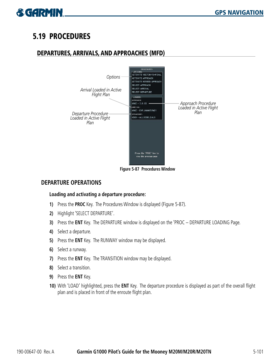 19 procedures, Departures, arrivals, and approaches (mfd), 19 procedures -101 | Garmin G1000 Mooney M20TN User Manual | Page 219 / 380