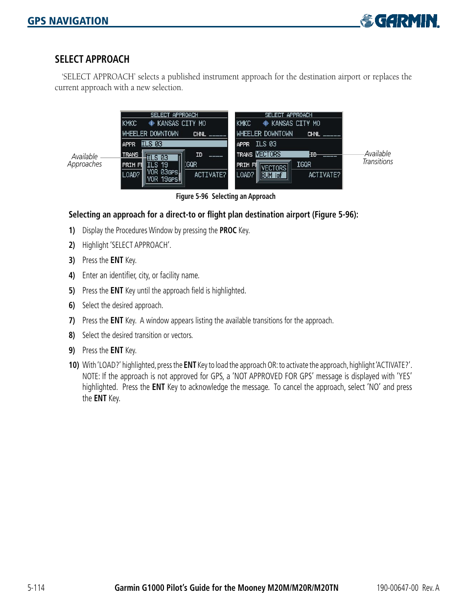 Gps navigation select approach | Garmin G1000 Mooney M20TN User Manual | Page 232 / 380