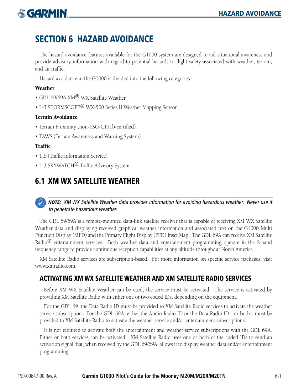 Section 6 hazard avoidance, 1 xm wx satellite weather, 1 xm wx satellite weather -1 | Garmin G1000 Mooney M20TN User Manual | Page 237 / 380