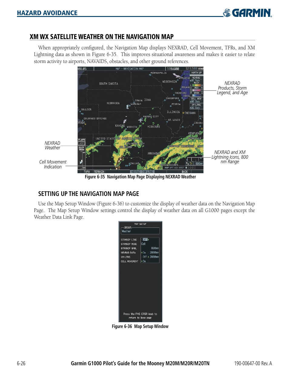 Xm wx satellite weather on the navigation map, Hazard avoidance, Setting up the navigation map page | Garmin G1000 Mooney M20TN User Manual | Page 262 / 380