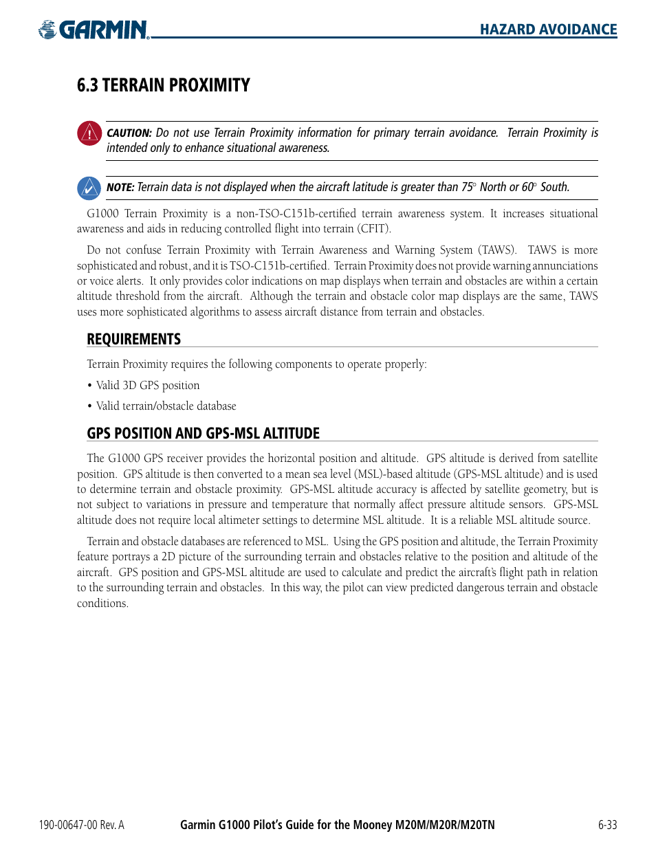 3 terrain proximity, Requirements, Gps position and gps-msl altitude | 3 terrain proximity -33 | Garmin G1000 Mooney M20TN User Manual | Page 269 / 380