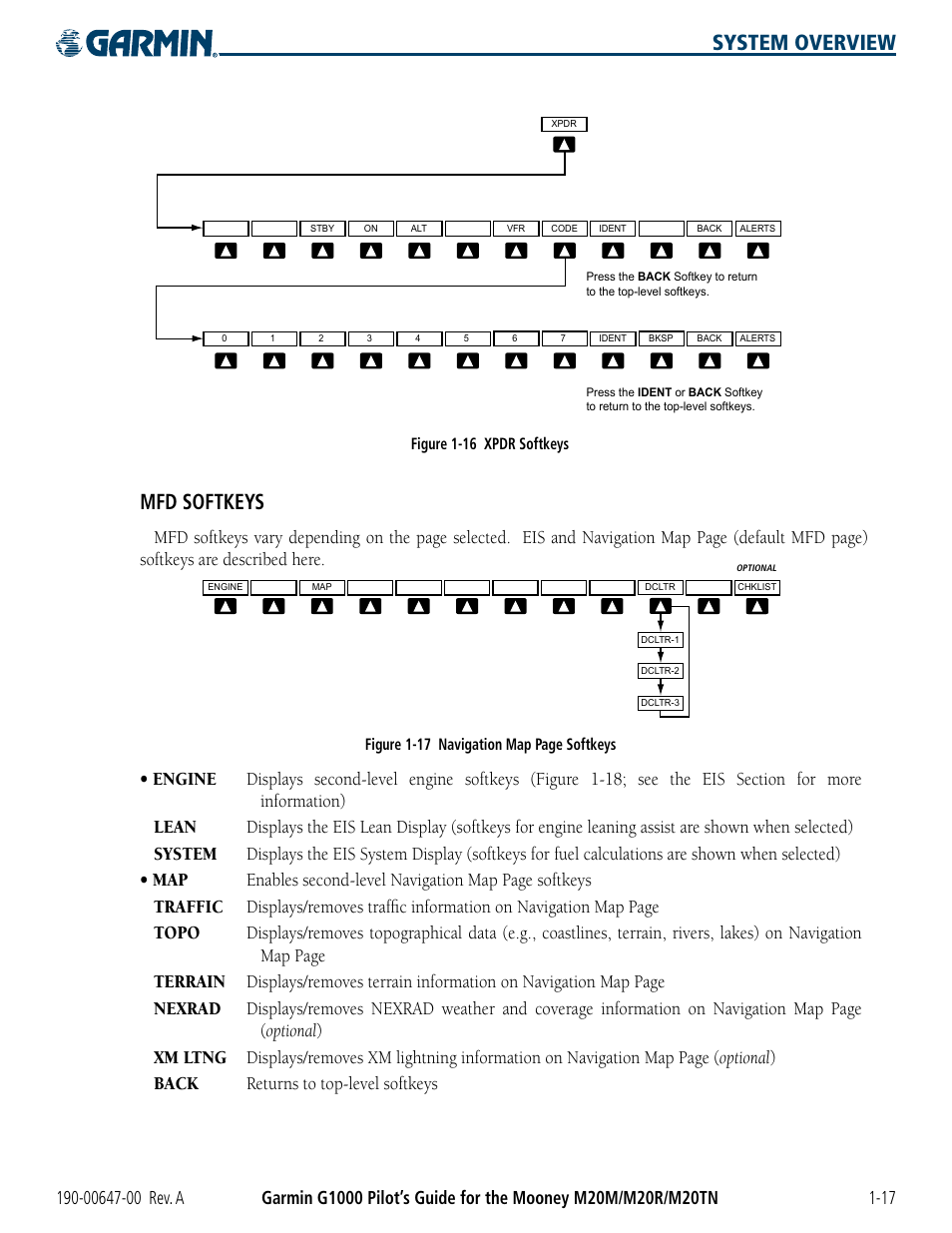 System overview, Mfd softkeys, Figure 1-16 xpdr softkeys | Figure 1-17 navigation map page softkeys | Garmin G1000 Mooney M20TN User Manual | Page 27 / 380