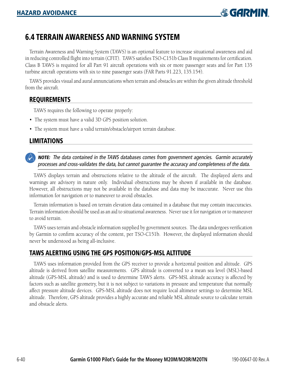 4 terrain awareness and warning system, Requirements, Limitations | 4 terrain awareness and warning system -40 | Garmin G1000 Mooney M20TN User Manual | Page 276 / 380