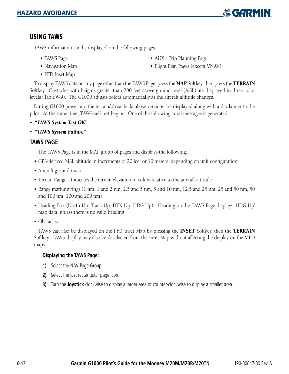 Using taws | Garmin G1000 Mooney M20TN User Manual | Page 278 / 380