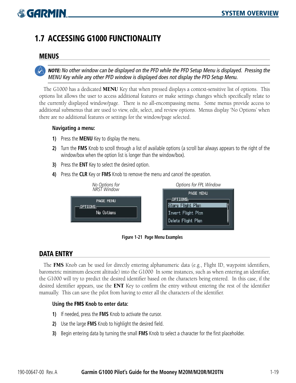 7 accessing g1000 functionality, Menus, Data entry | 7 accessing g1000 functionality -19 | Garmin G1000 Mooney M20TN User Manual | Page 29 / 380