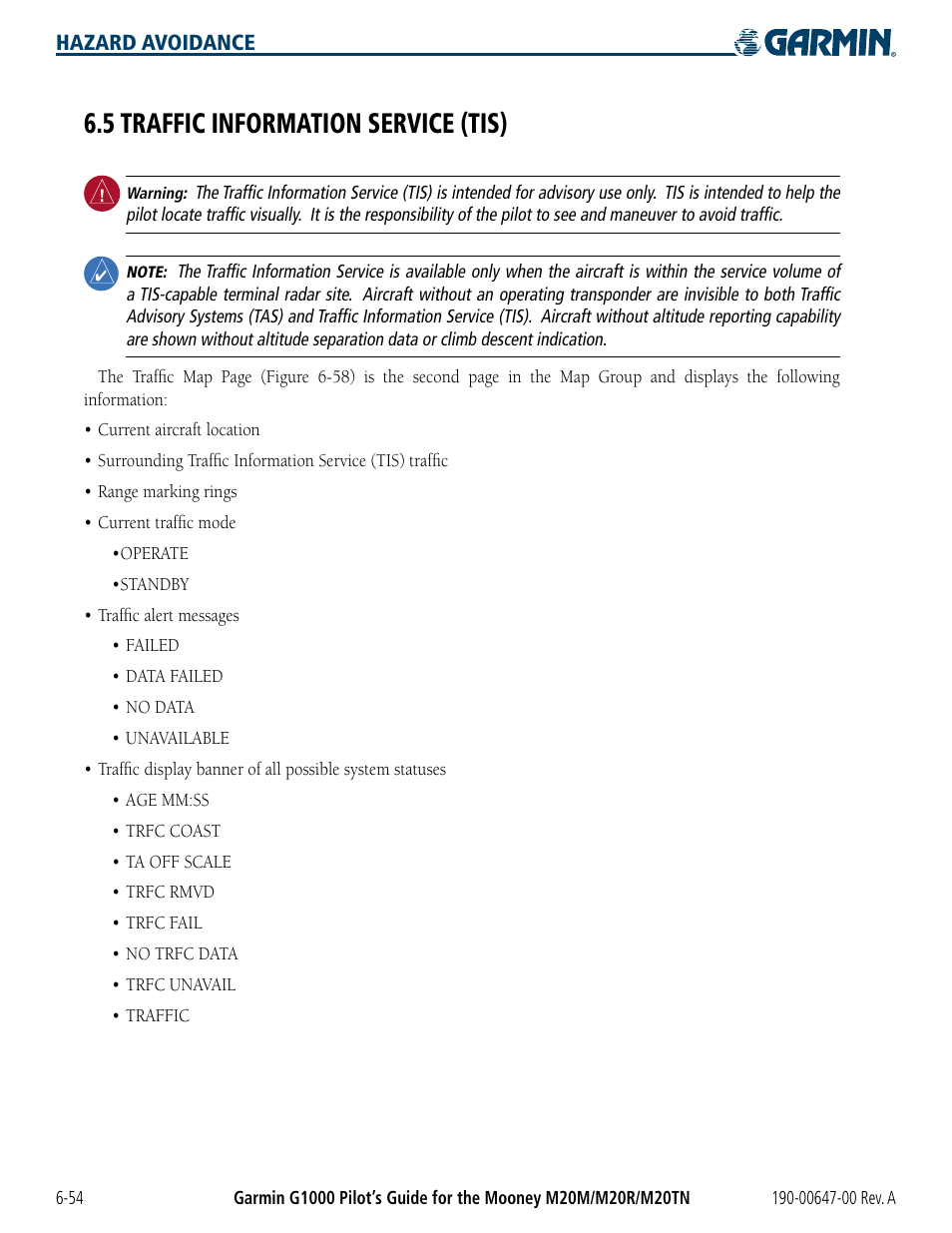 5 traffic information service (tis), 5 trafﬁc information service (tis) -54 | Garmin G1000 Mooney M20TN User Manual | Page 290 / 380