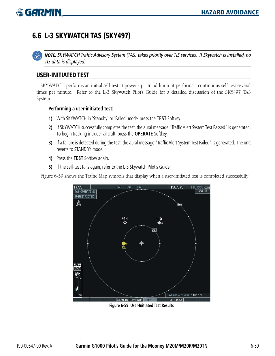 6 l-3 skywatch tas (sky497), User-initiated test, 6 l-3 skywatch tas (sky497) -59 | Garmin G1000 Mooney M20TN User Manual | Page 295 / 380