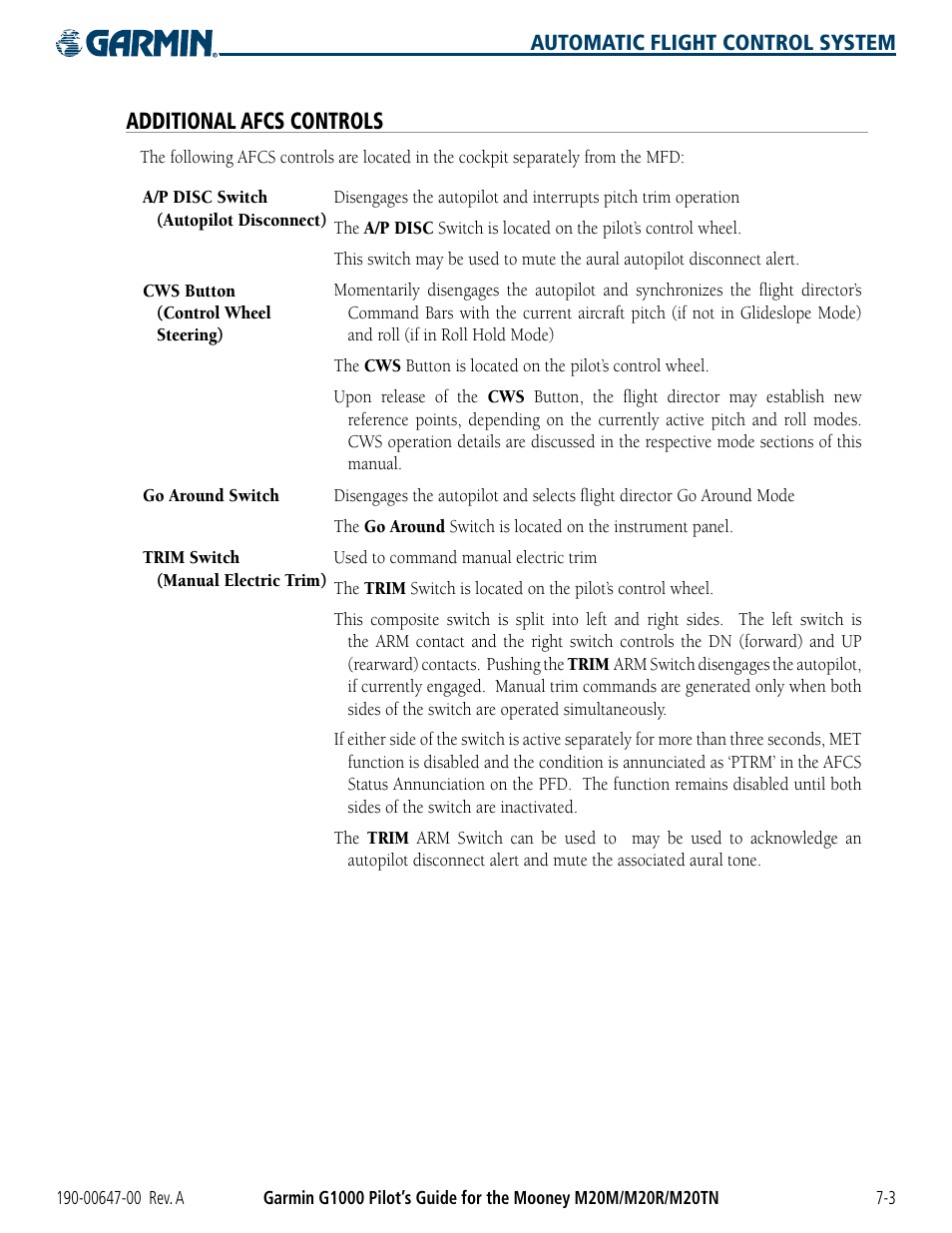 Additional afcs controls | Garmin G1000 Mooney M20TN User Manual | Page 303 / 380