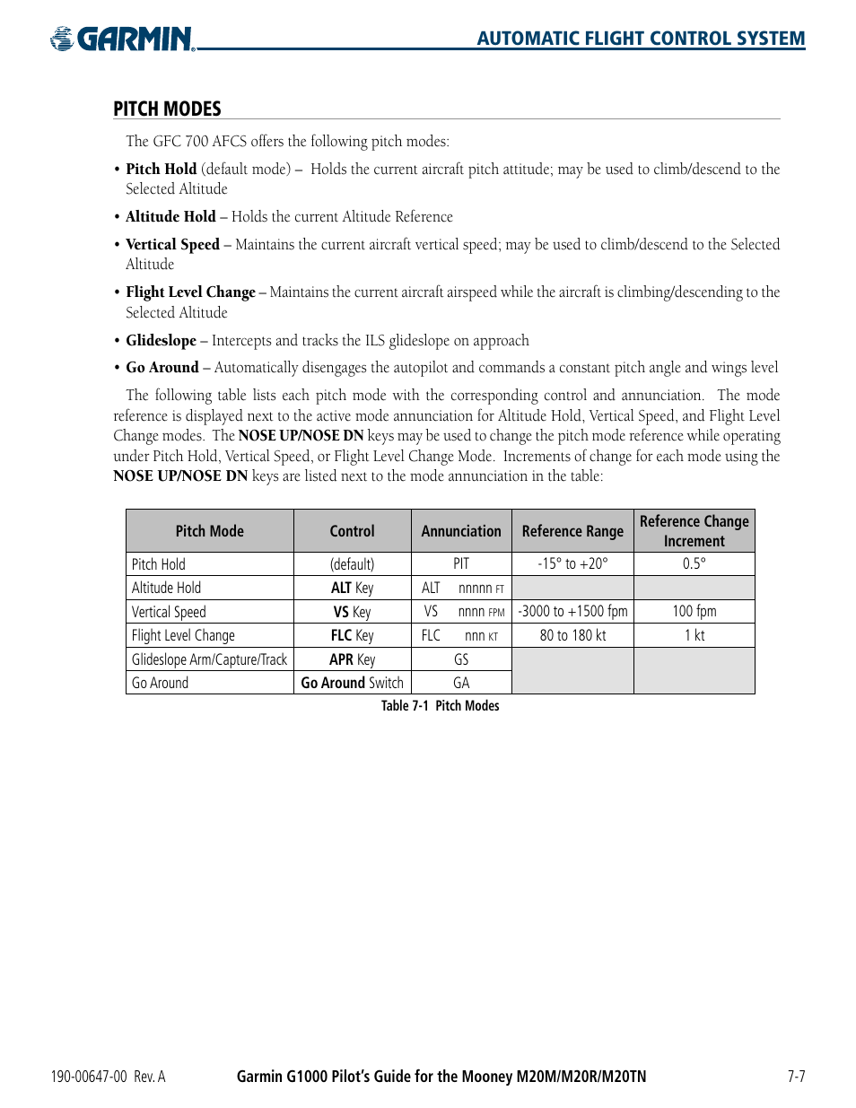 Pitch modes, Automatic flight control system | Garmin G1000 Mooney M20TN User Manual | Page 307 / 380