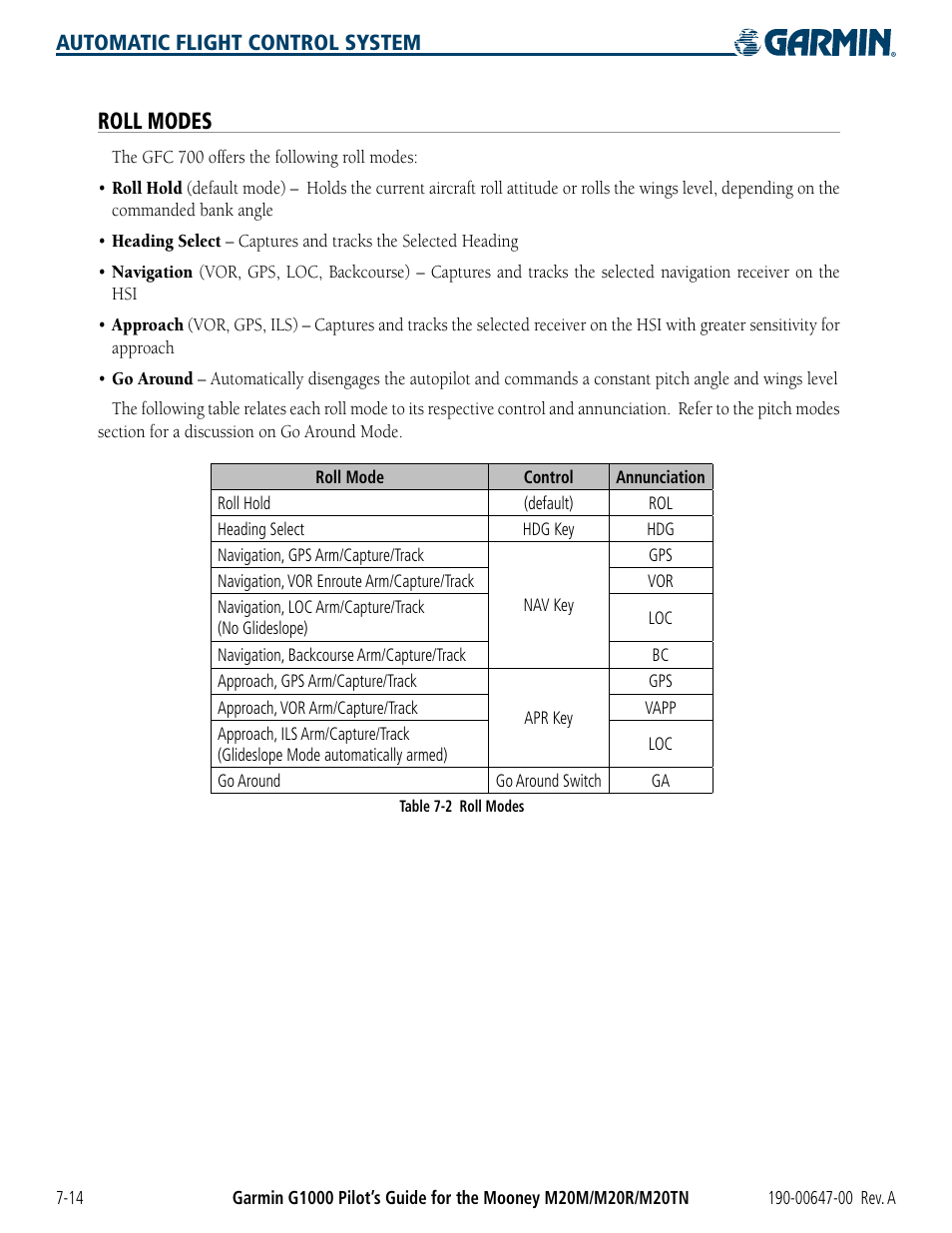 Roll modes, Automatic flight control system | Garmin G1000 Mooney M20TN User Manual | Page 314 / 380