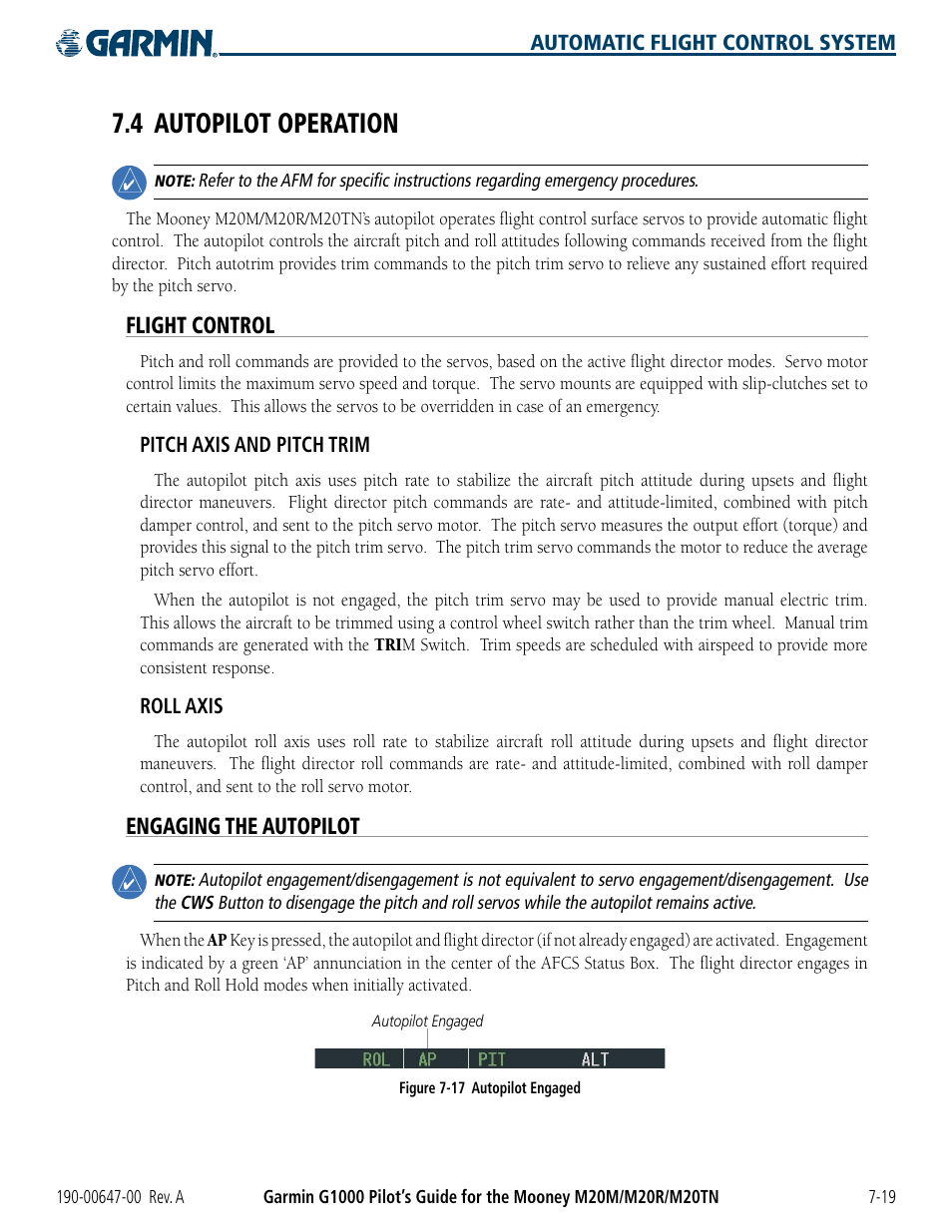 4 autopilot operation, Flight control, Engaging the autopilot | 4 autopilot operation -19 | Garmin G1000 Mooney M20TN User Manual | Page 319 / 380