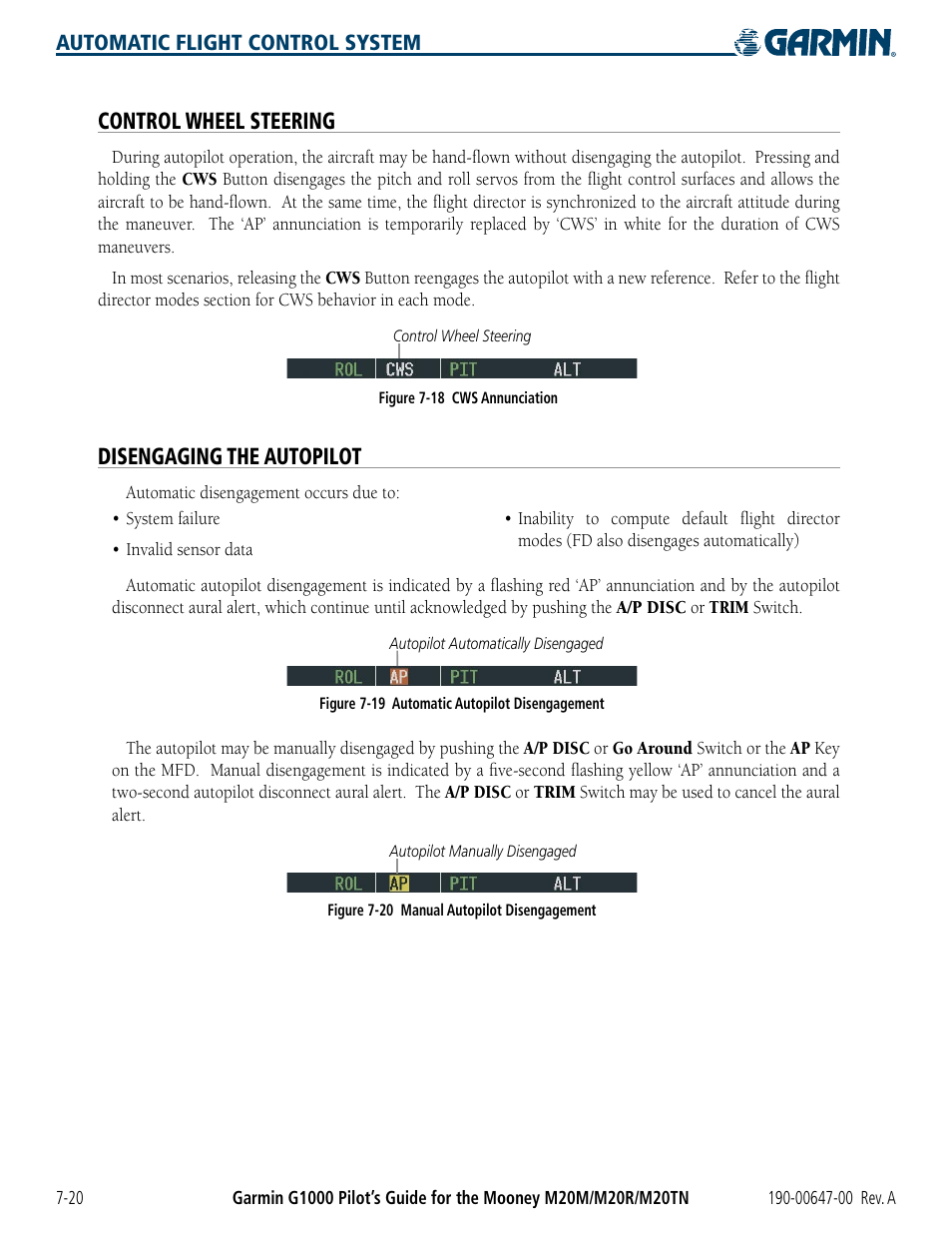 Control wheel steering, Disengaging the autopilot | Garmin G1000 Mooney M20TN User Manual | Page 320 / 380