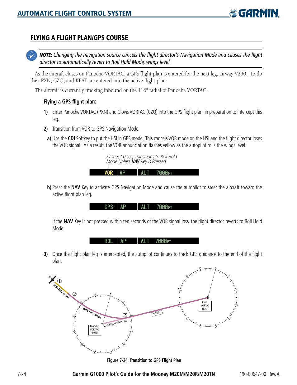 Flying a flight plan/gps course, Automatic flight control system, Transition from vor to gps navigation mode | Figure 7-24 transition to gps flight plan | Garmin G1000 Mooney M20TN User Manual | Page 324 / 380