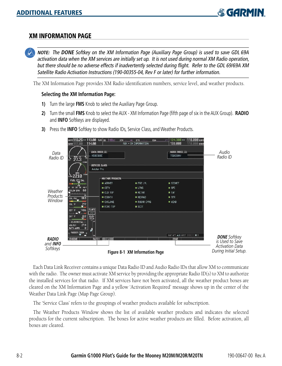 Xm information page, Additional features | Garmin G1000 Mooney M20TN User Manual | Page 332 / 380