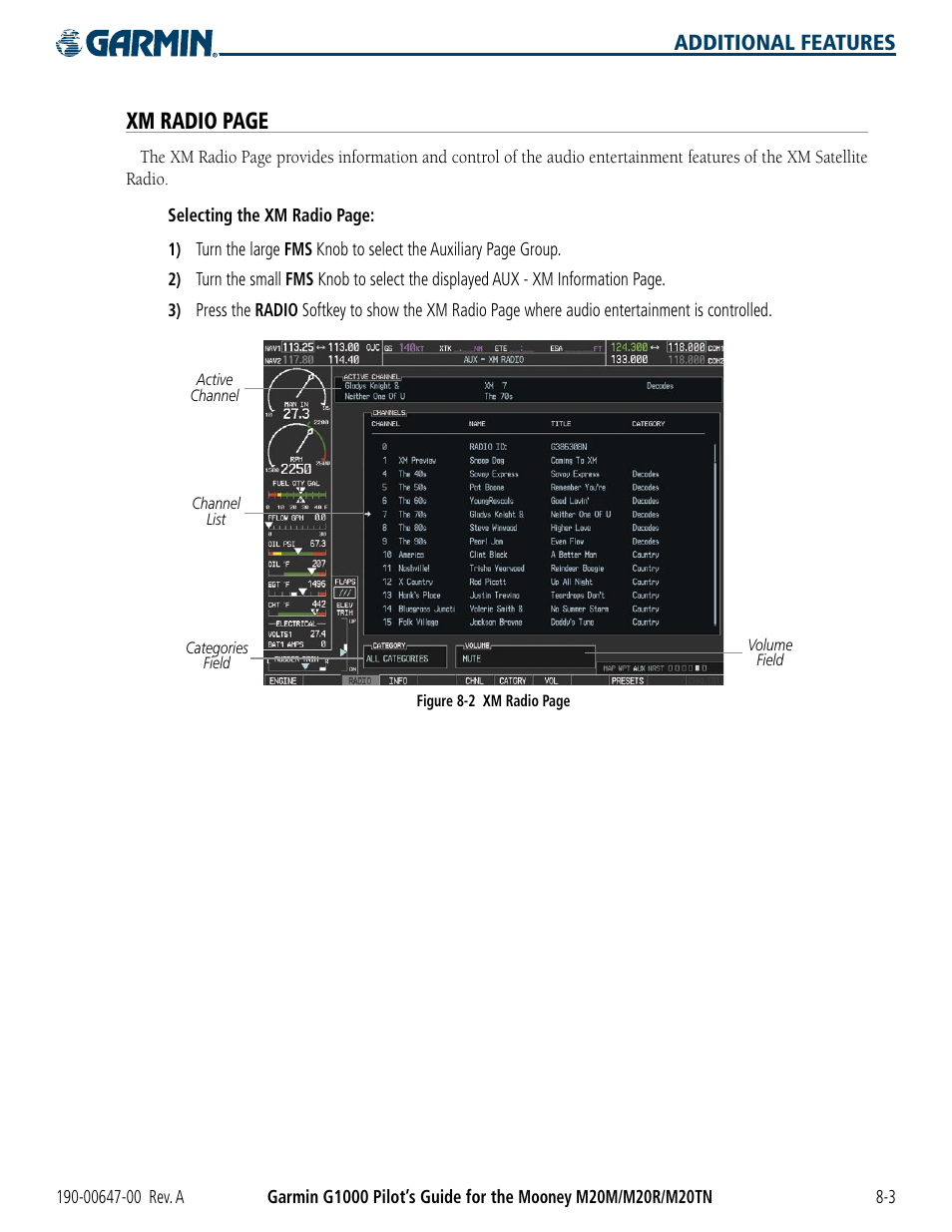 Xm radio page, Additional features | Garmin G1000 Mooney M20TN User Manual | Page 333 / 380