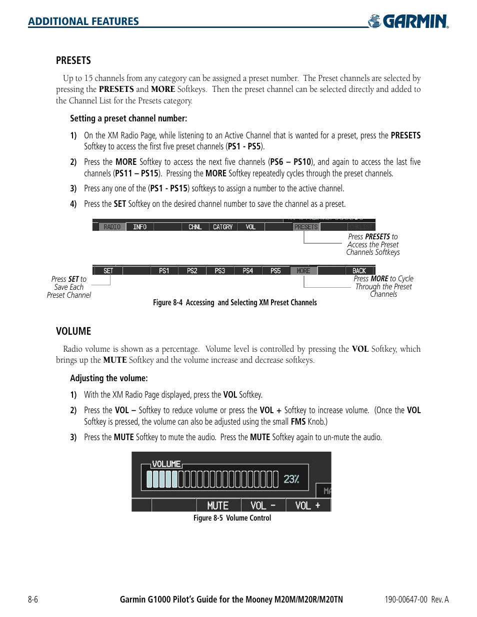 Additional features presets, Volume | Garmin G1000 Mooney M20TN User Manual | Page 336 / 380