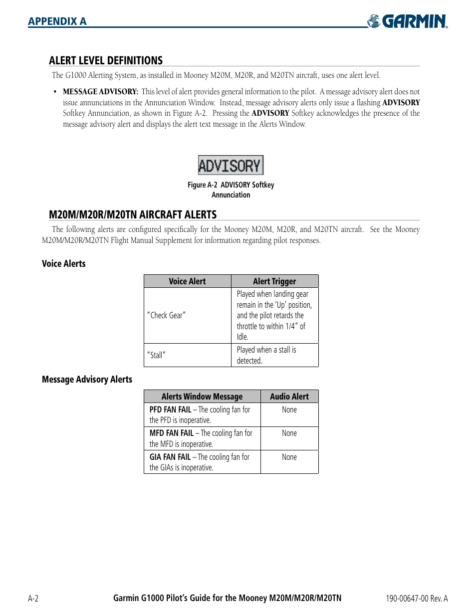 Alert level definitions, M20m/m20r/m20tn aircraft alerts, Alert level deﬁnitions | Garmin G1000 Mooney M20TN User Manual | Page 338 / 380