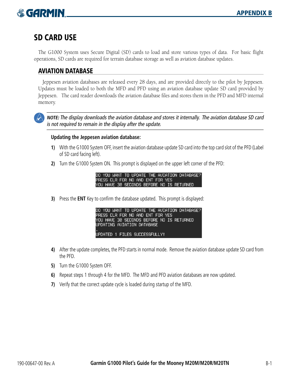 Sd card use, Aviation database | Garmin G1000 Mooney M20TN User Manual | Page 355 / 380