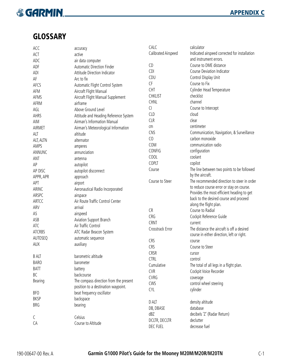 Glossary, Appendix c | Garmin G1000 Mooney M20TN User Manual | Page 359 / 380