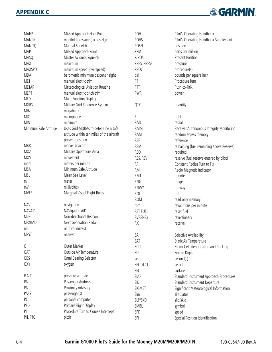 Appendix c | Garmin G1000 Mooney M20TN User Manual | Page 362 / 380