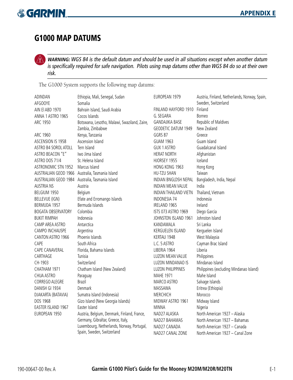 G1000 map datums, Appendix e | Garmin G1000 Mooney M20TN User Manual | Page 369 / 380