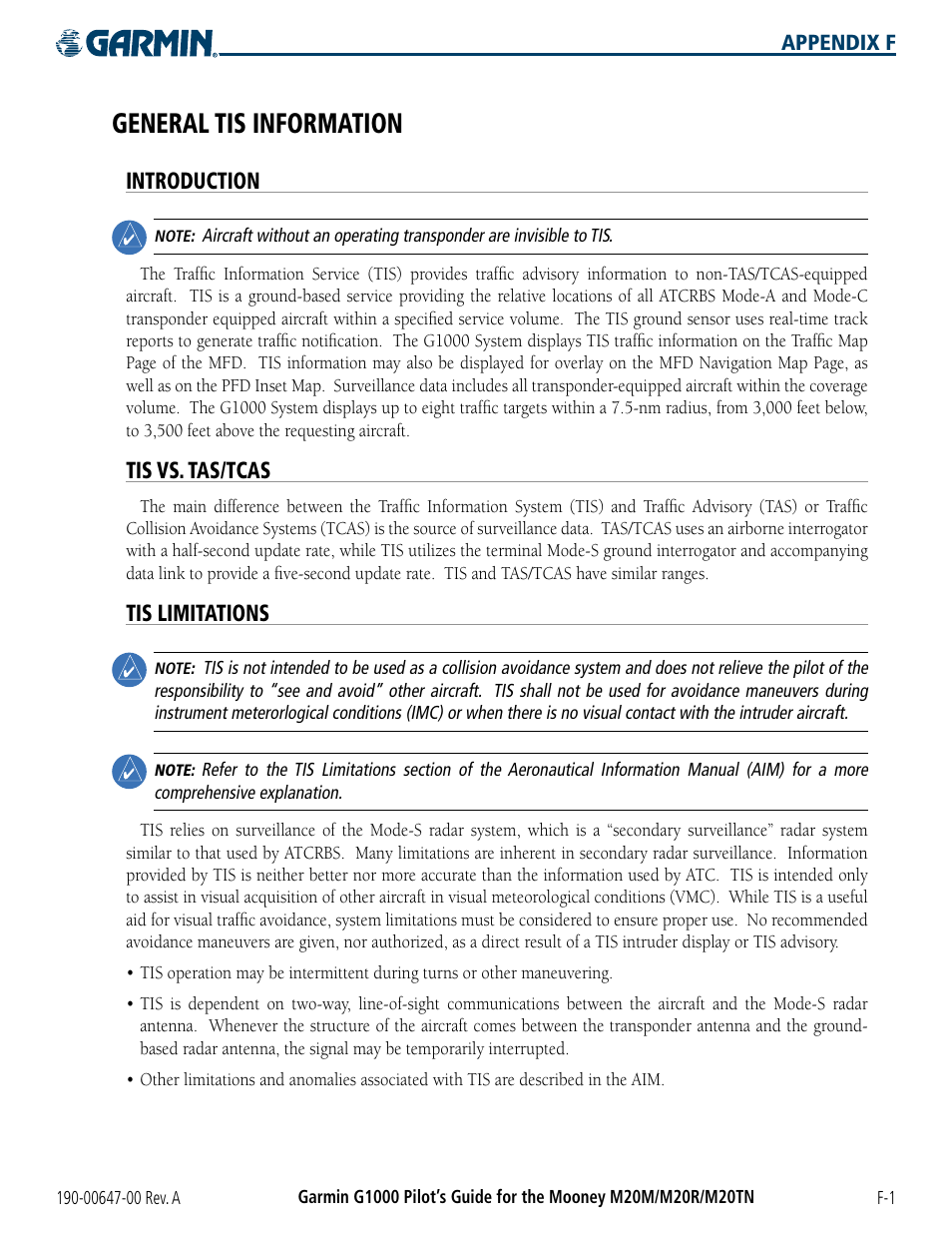 General tis information, Introduction, Tis vs. tas/tcas | Tis limitations | Garmin G1000 Mooney M20TN User Manual | Page 371 / 380