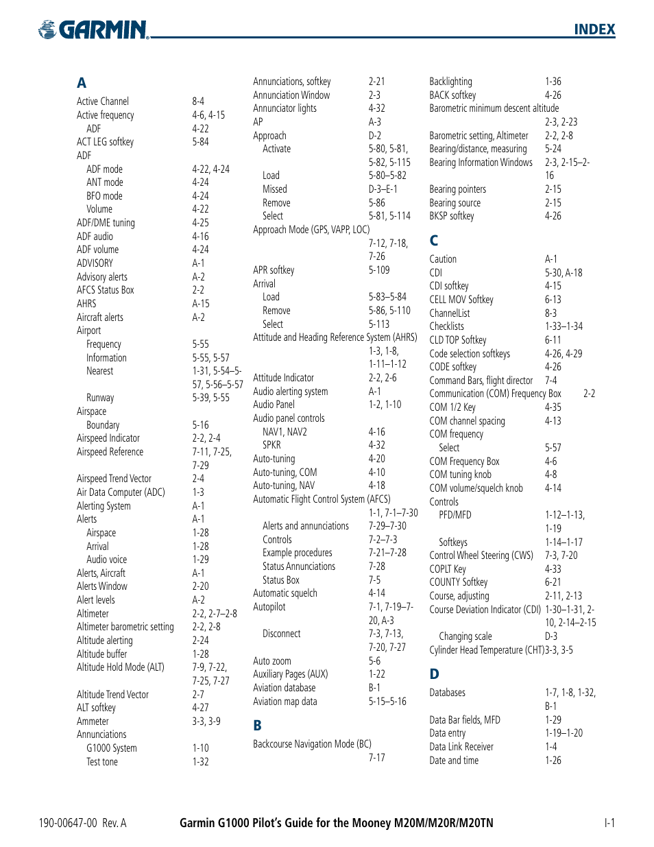 Index, Index a | Garmin G1000 Mooney M20TN User Manual | Page 377 / 380