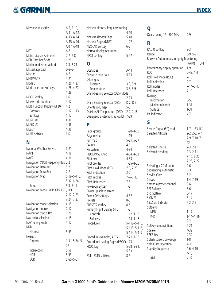 Index | Garmin G1000 Mooney M20TN User Manual | Page 379 / 380