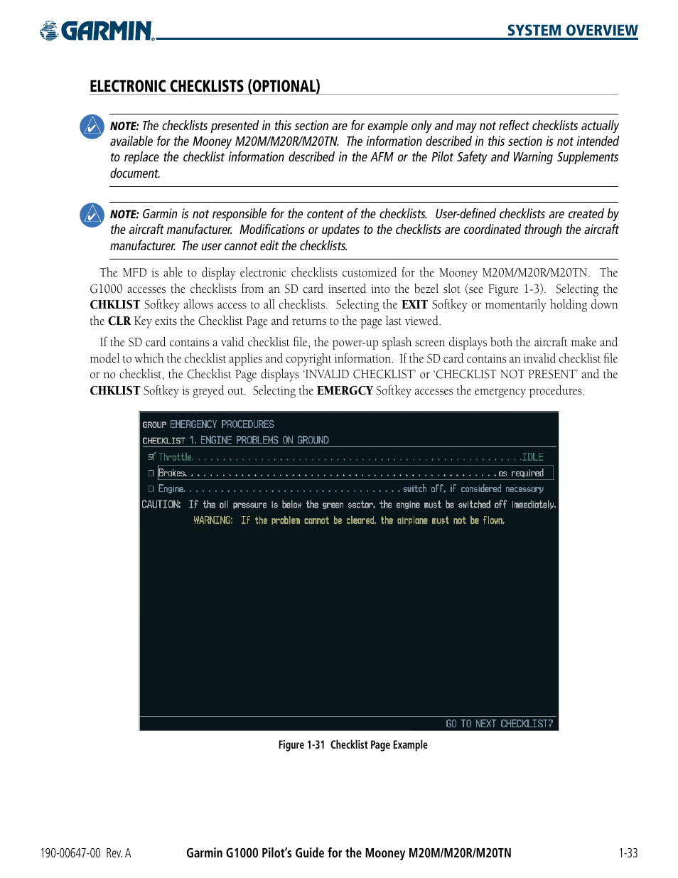Electronic checklists (optional) | Garmin G1000 Mooney M20TN User Manual | Page 43 / 380
