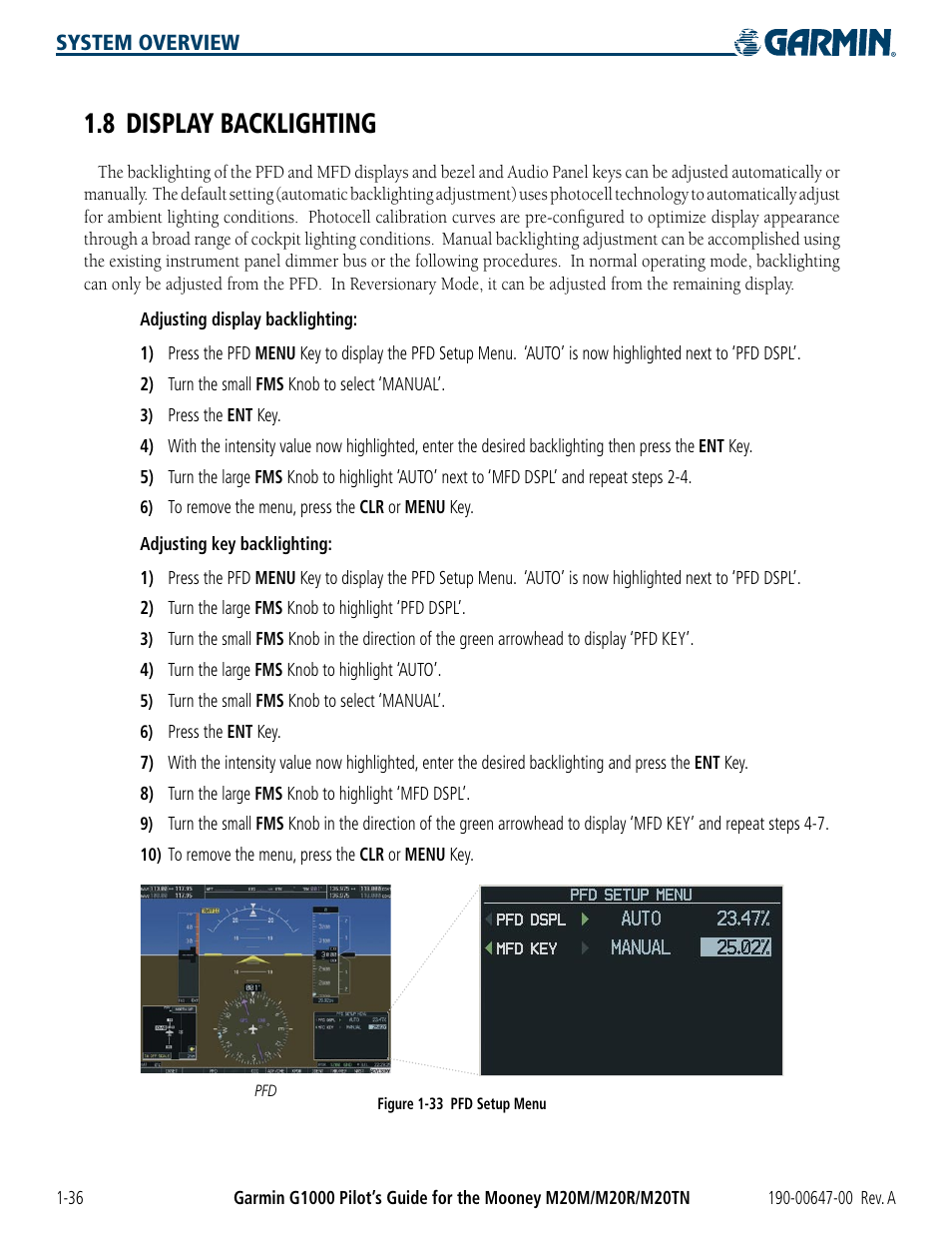 8 display backlighting, 8 display backlighting -36 | Garmin G1000 Mooney M20TN User Manual | Page 46 / 380