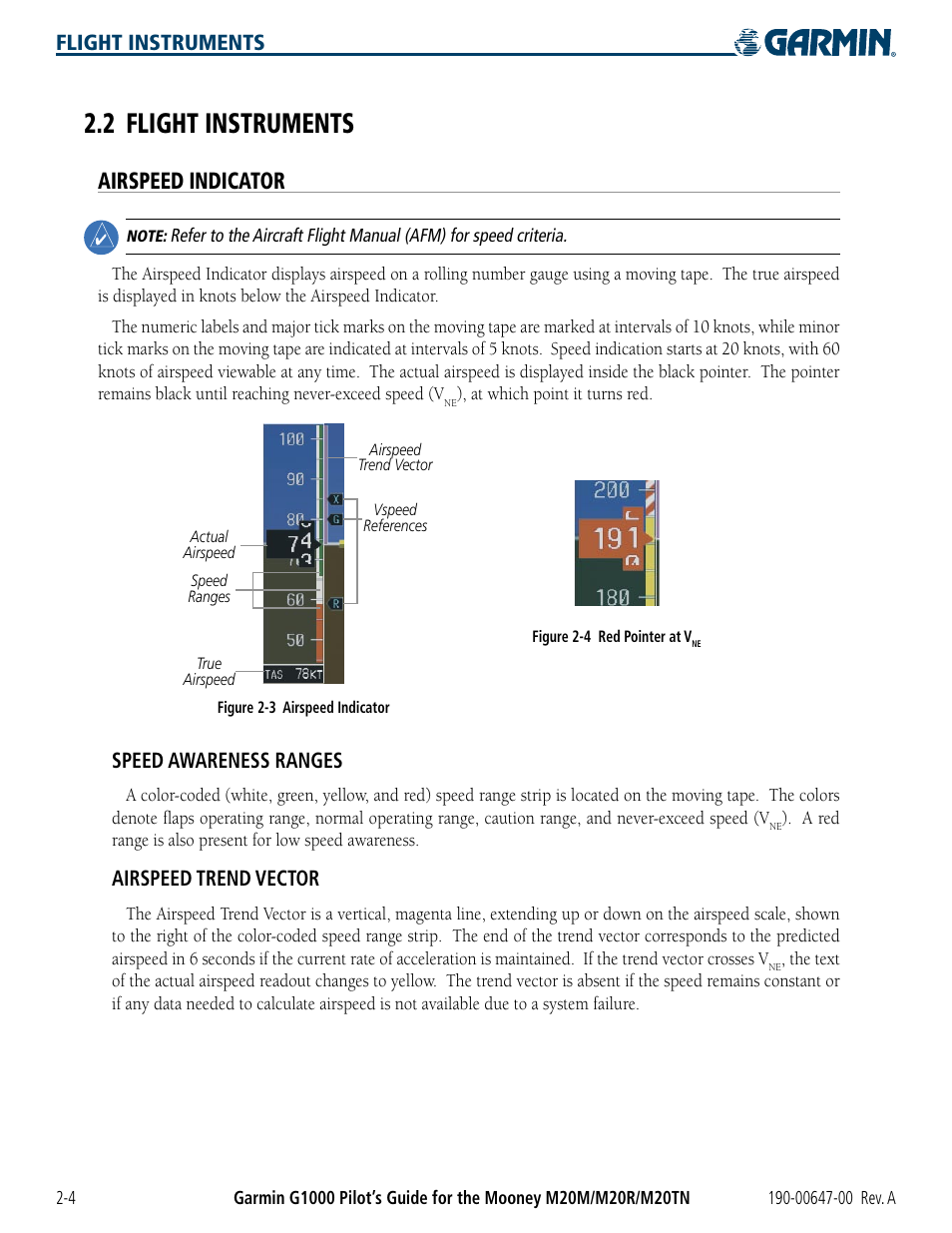 2 flight instruments, Airspeed indicator, 2 flight instruments -4 | Flight instruments, Speed awareness ranges, Airspeed trend vector | Garmin G1000 Mooney M20TN User Manual | Page 50 / 380