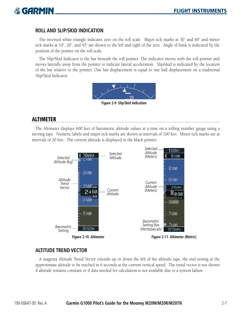 Altimeter, Flight instruments roll and slip/skid indication, Altitude trend vector | Garmin G1000 Mooney M20TN User Manual | Page 53 / 380