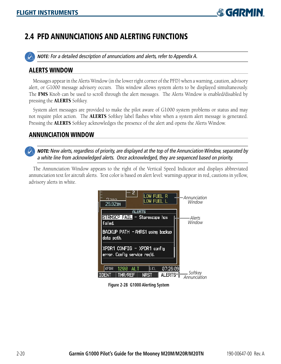 4 pfd annunciations and alerting functions, Alerts window, Annunciation window | 4 pfd annunciations and alerting functions -20 | Garmin G1000 Mooney M20TN User Manual | Page 66 / 380