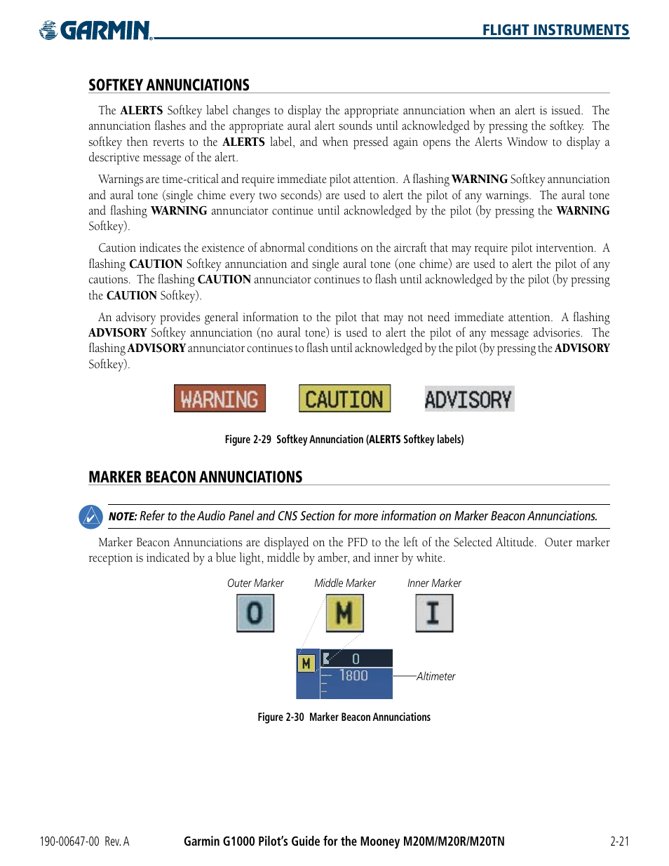 Softkey annunciations, Marker beacon annunciations | Garmin G1000 Mooney M20TN User Manual | Page 67 / 380