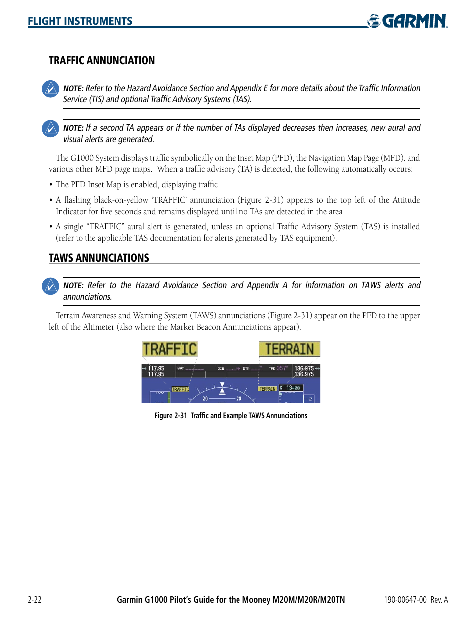 Traffic annunciation, Taws annunciations, Trafﬁc annunciation | Garmin G1000 Mooney M20TN User Manual | Page 68 / 380