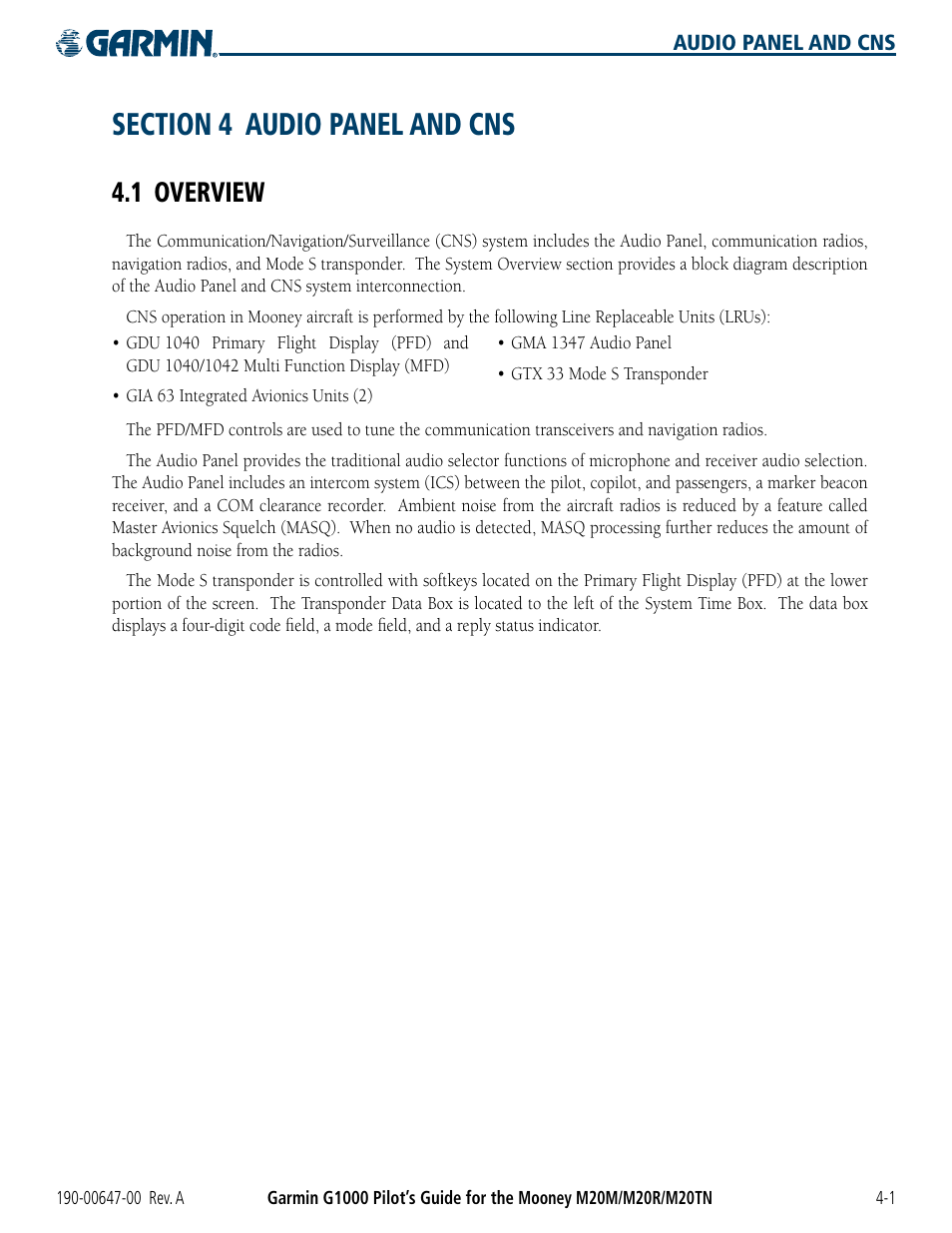 Section 4 audio panel and cns, 1 overview, 1 overview -1 | Garmin G1000 Mooney M20TN User Manual | Page 81 / 380