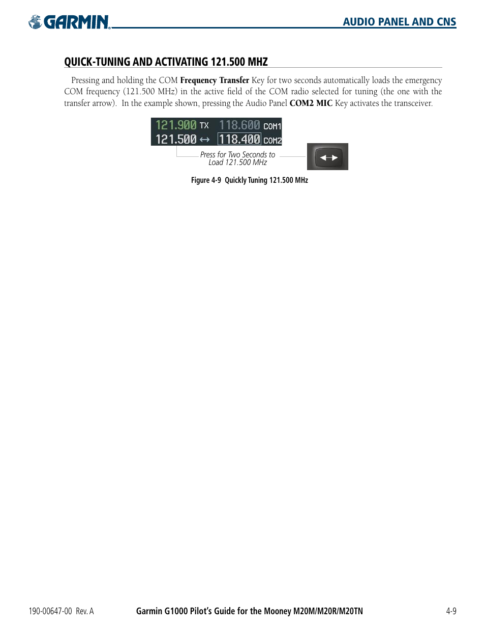 Quick-tuning and activating 121.500 mhz | Garmin G1000 Mooney M20TN User Manual | Page 89 / 380