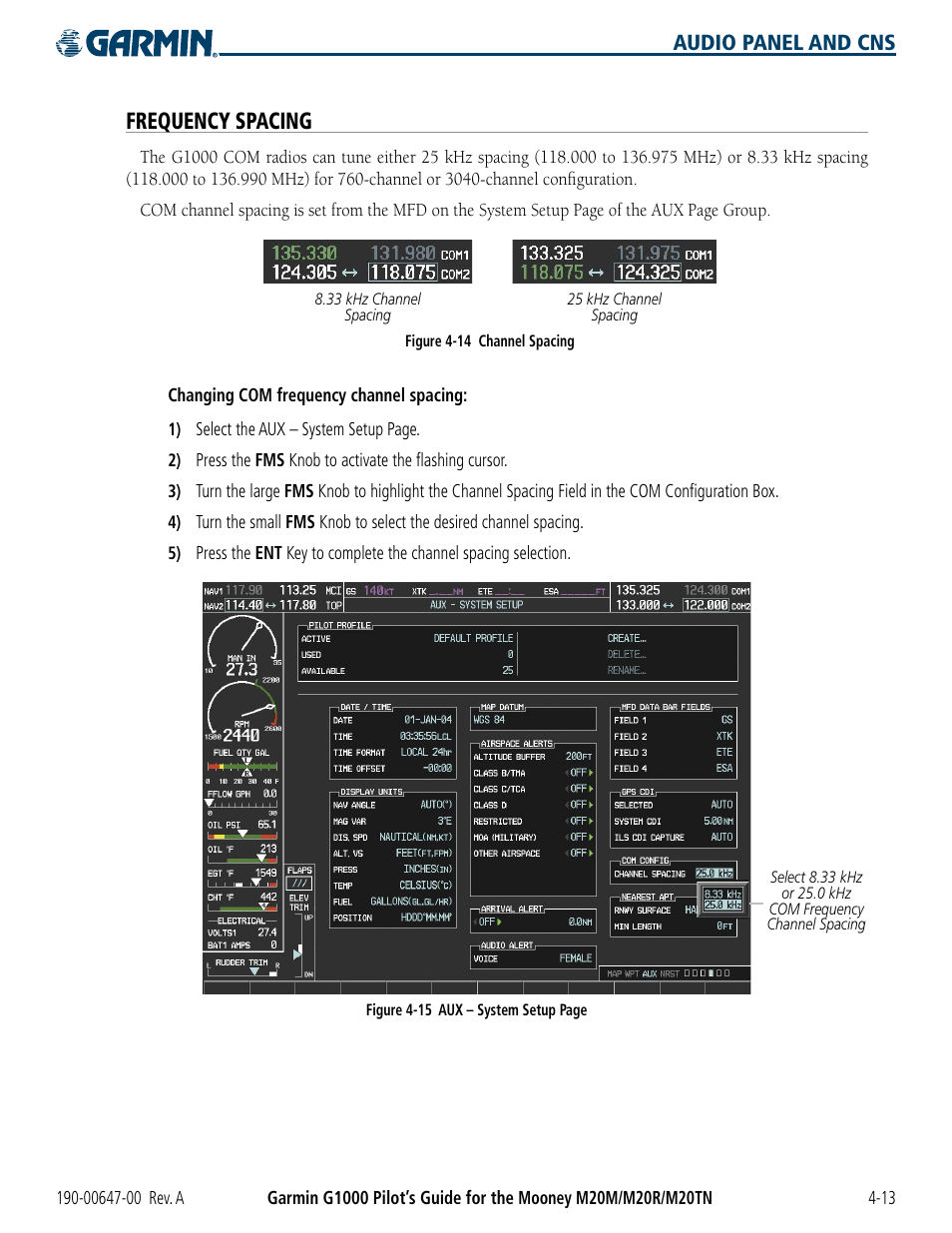 Frequency spacing, Audio panel and cns | Garmin G1000 Mooney M20TN User Manual | Page 93 / 380
