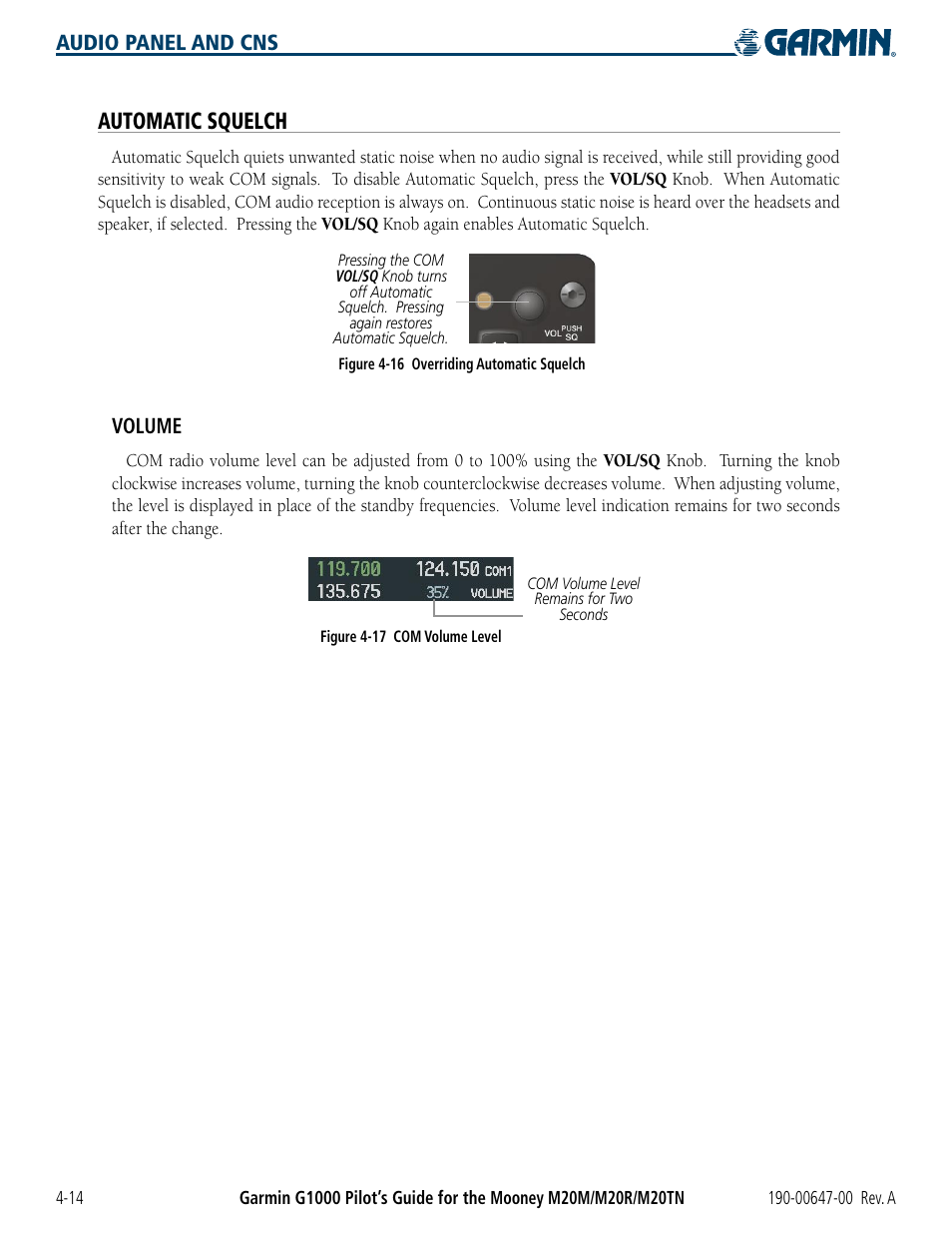 Automatic squelch, Audio panel and cns, Volume | Garmin G1000 Mooney M20TN User Manual | Page 94 / 380