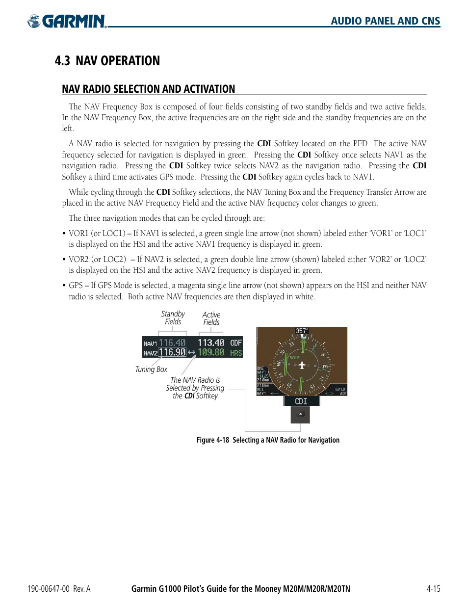 3 nav operation, Nav radio selection and activation, 3 nav operation -15 | Garmin G1000 Mooney M20TN User Manual | Page 95 / 380