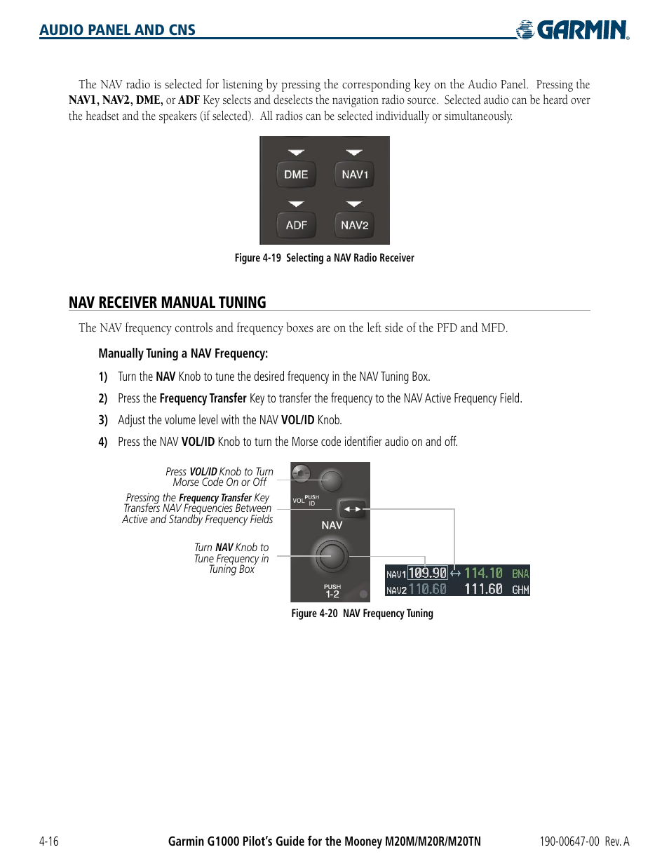 Nav receiver manual tuning, Audio panel and cns | Garmin G1000 Mooney M20TN User Manual | Page 96 / 380